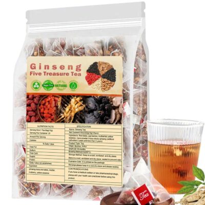 Ginseng Five Treasure Tea with Red Date, Goji Berries, Maca, Yellow Essence, and Mulberries | Herbal Tea for Energy, Kidney Health, Vitality, and Better Sleep