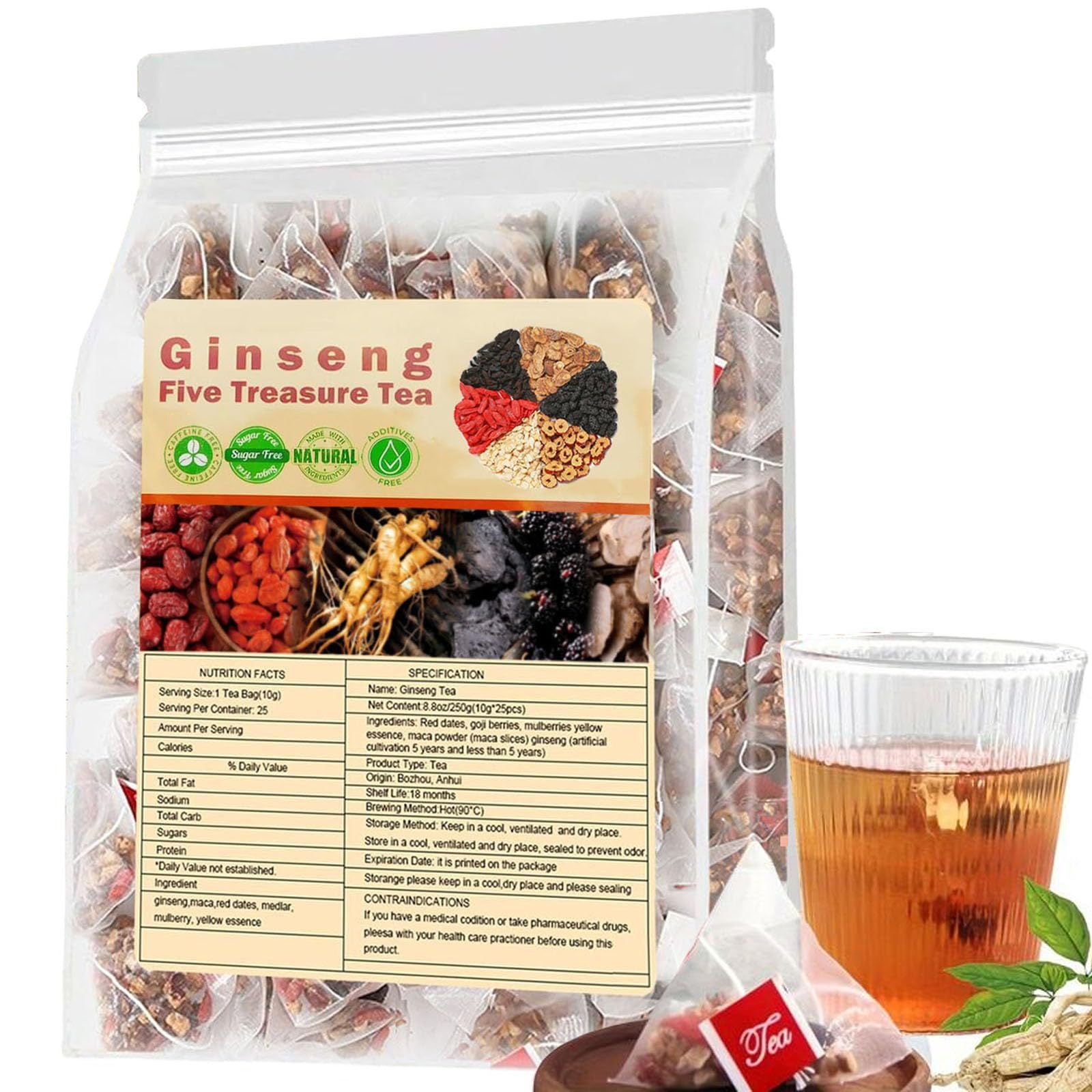 Ginseng Five Treasure Tea with Red Date, Goji Berries, Maca, Yellow Essence, and Mulberries | Herbal Tea for Energy, Kidney Health, Vitality, and Better Sleep