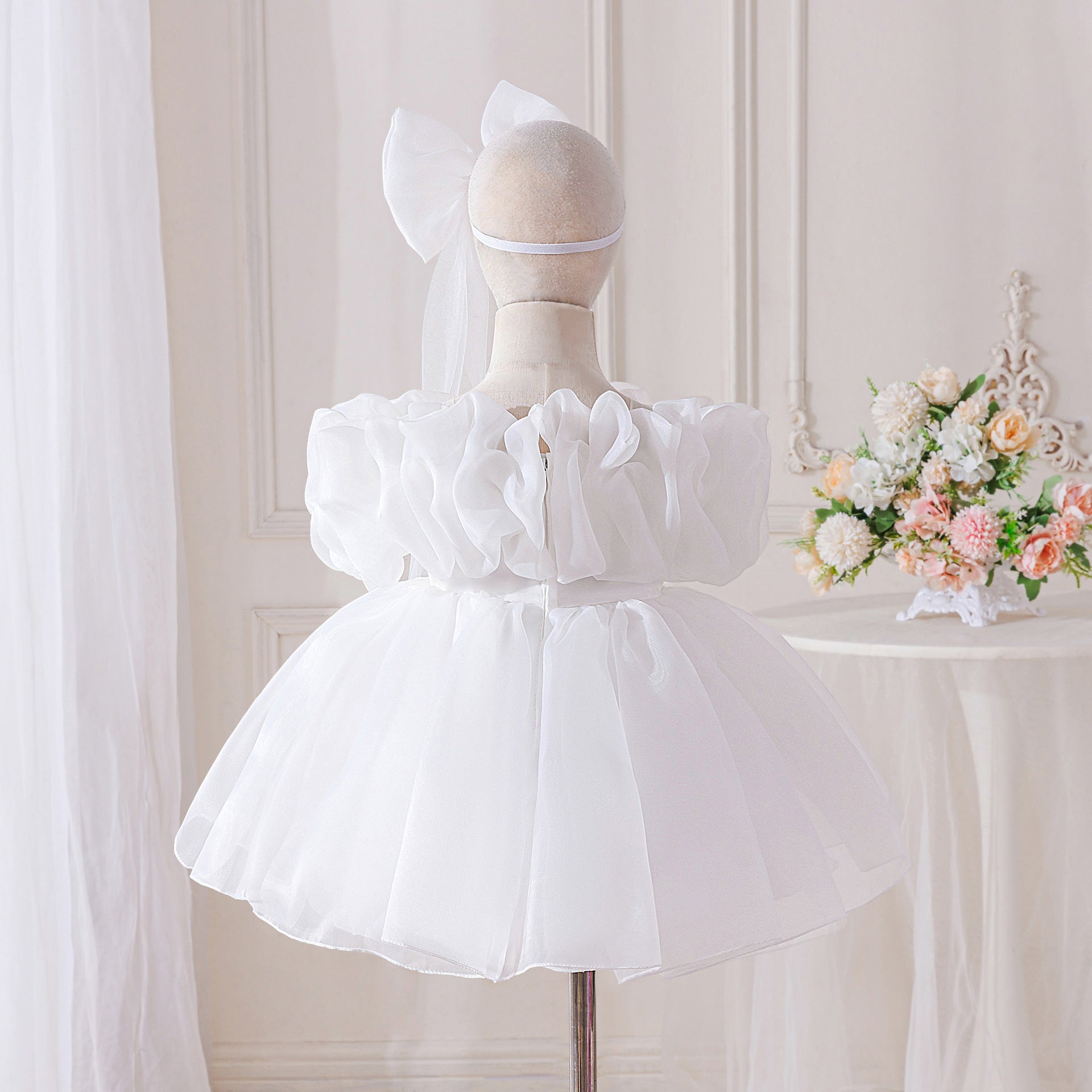 Elegant Baby Princess Dress with Ruffled Sleeves, Bow, and Pearl Waist Trim (6-18 months) | Special Occasion Ball Gown for Baby Girls - Image 10
