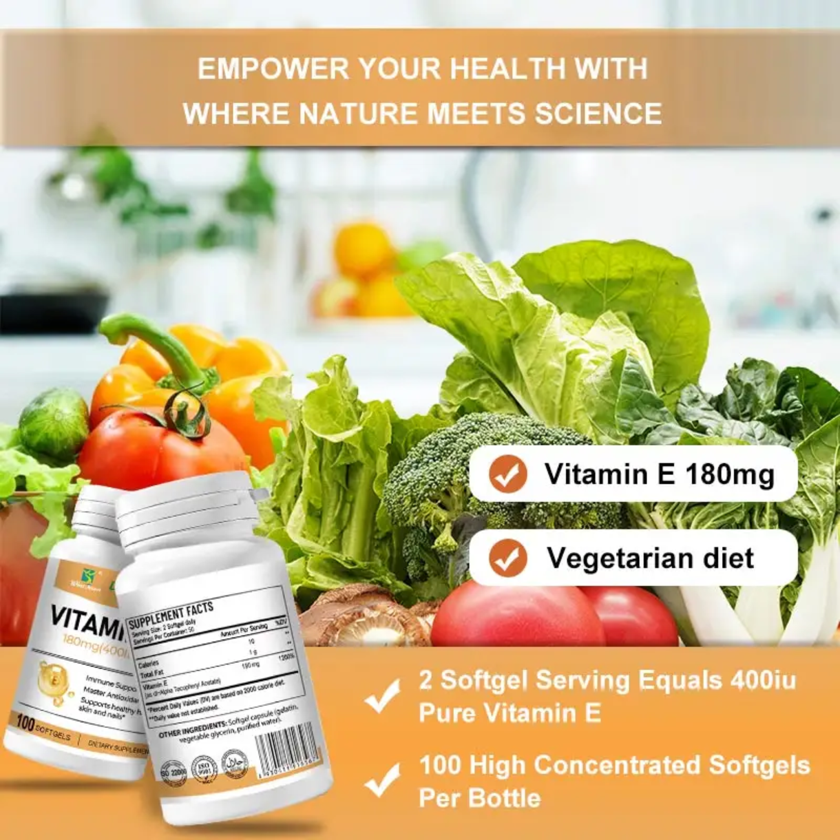 Vitamin E Capsule (100 softgels, 180mg) | Dietary Supplement for Skin, Immunity, Eye, Heart, and Antioxidant Protection - Image 4