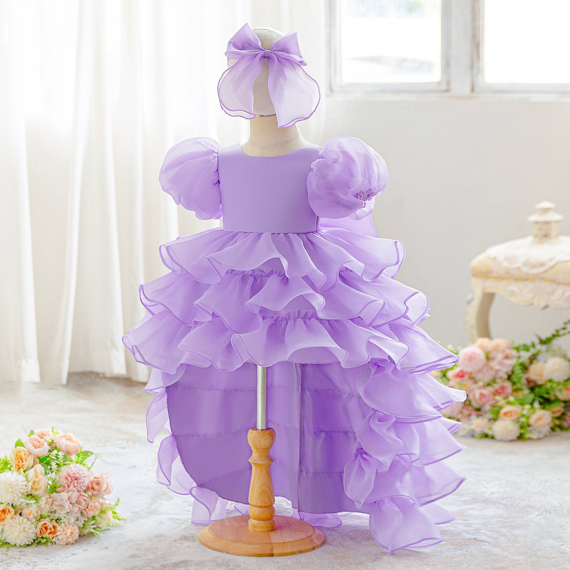 Luxury Puff-Sleeve Princess Dress with Matching Headband (6-12 months) | Elegant Layered Occasion Gown for Baby Girls - Image 50
