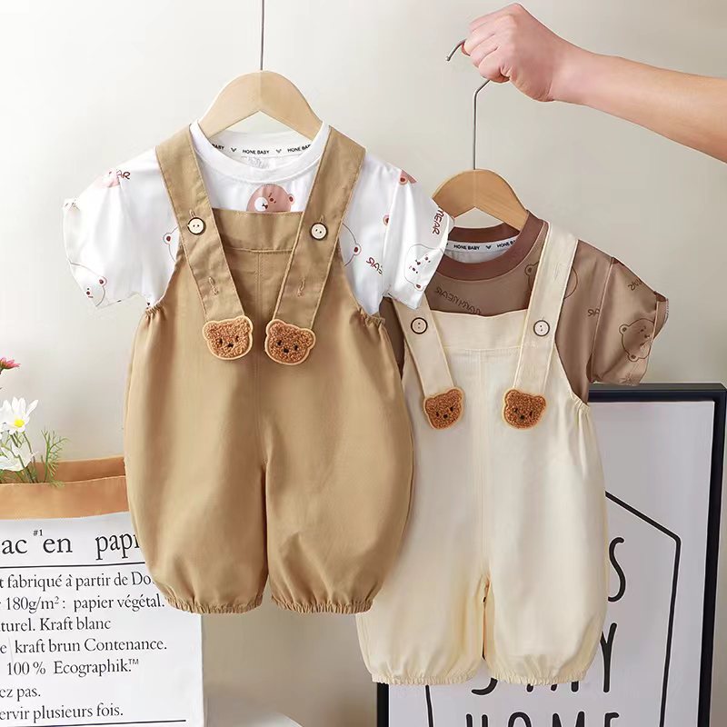 Adorable Overall Set with Short-Sleeved T-Shirt and Suspender Shorts (with Open Crotch) | Cute Teddy Bear Dungaree Set for Babies - Image 5