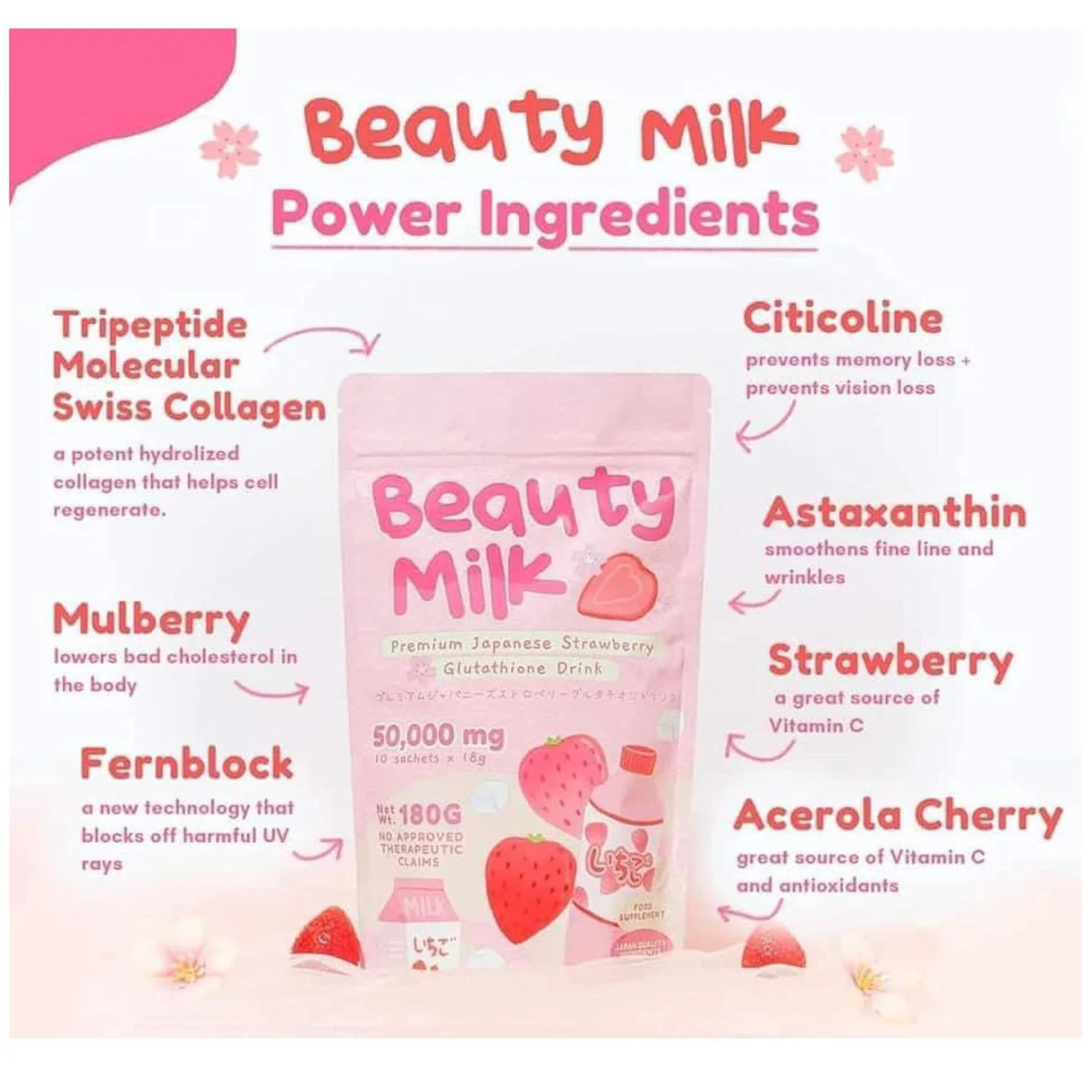 Beauty Milk Premium Japanese Strawberry Glutathione Drink (10×18g sachets, 50000mg) | Instant Powdered Milk Tea for Beauty and Wellness - Image 7